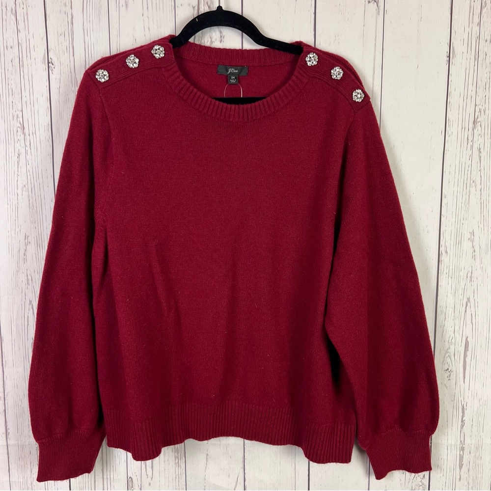 J. Crew Red Crewneck Sweater with Jeweled Shoulder Buttons